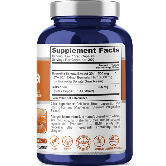 NusaPure Boswellia capsule showing 10,000 mg equivalent with Bioperine for enhanced absorption.