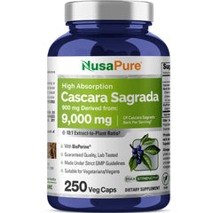 NusaPure Cascara Sagrada 10:1 extract bottle front, high-potency formulation.