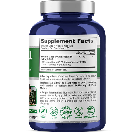 Close-up of NusaPure chlorophyll capsule showcasing plant-based formula.