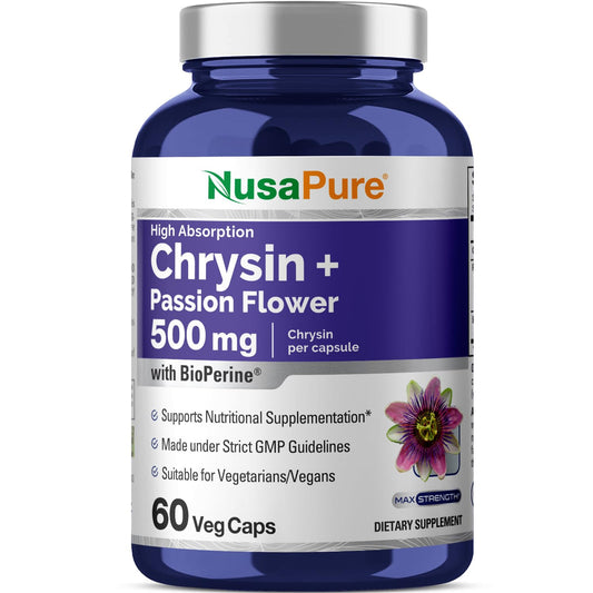 NusaPure Chrysin 500mg bottle label clearly displays dosage information