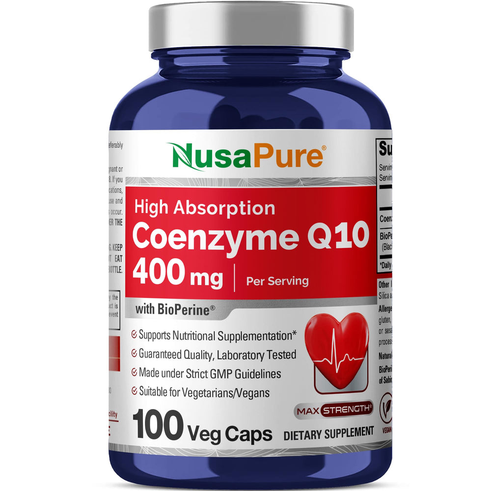 NusaPure CoQ10 400mg bottle showing a strong, plant-based antioxidant option for daily use.