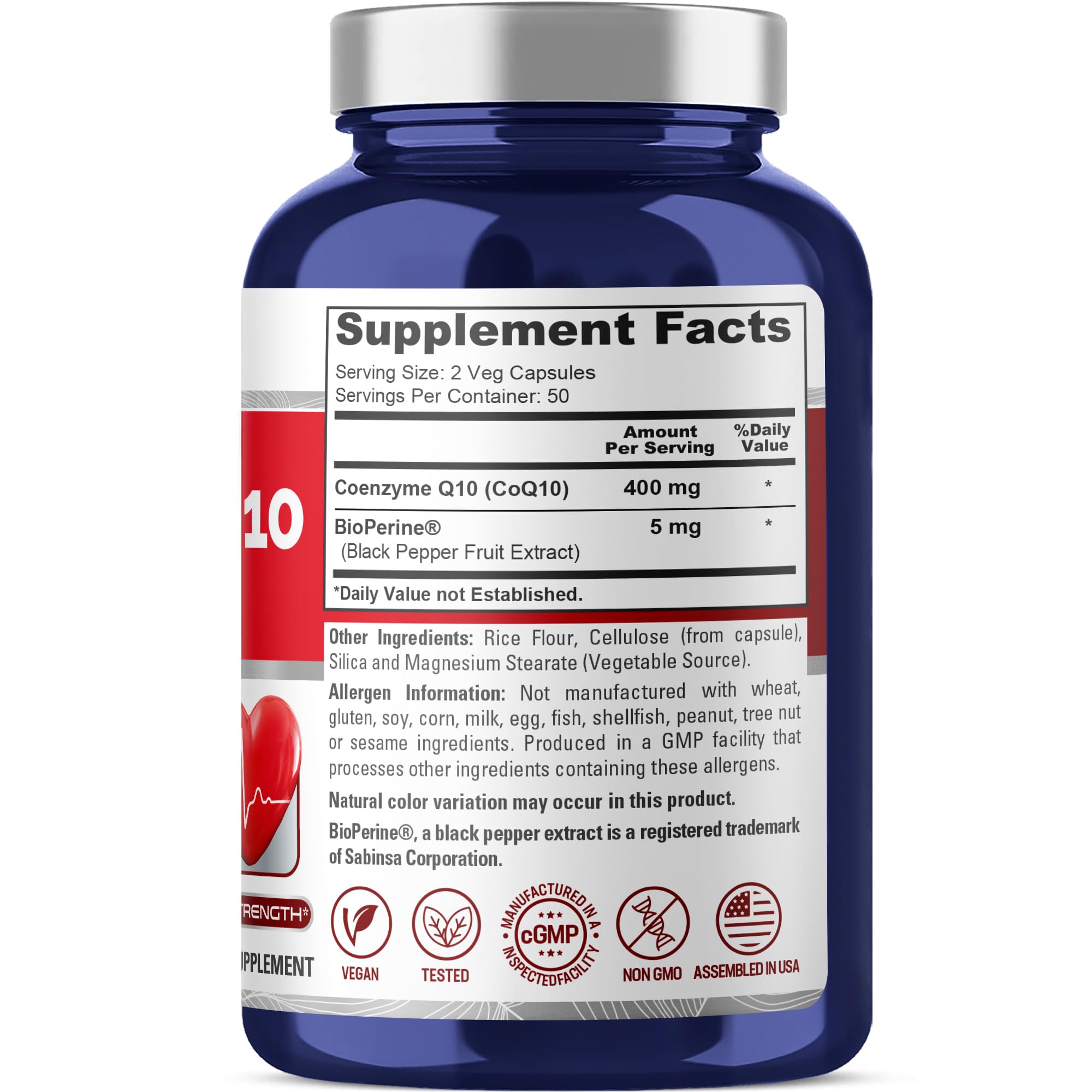NusaPure CoQ10 veggie capsules highlighting a 50-day supply for consistent intake.