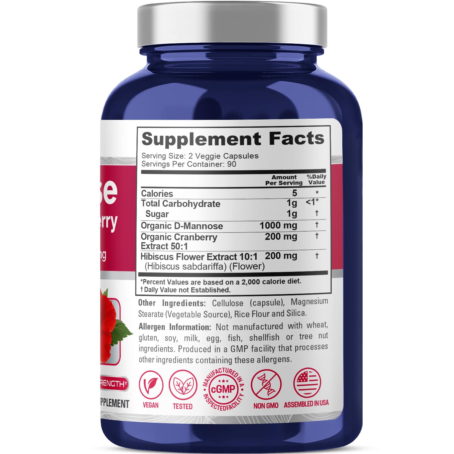 Closeup of NusaPure D-Mannose Complex capsules in a bottle