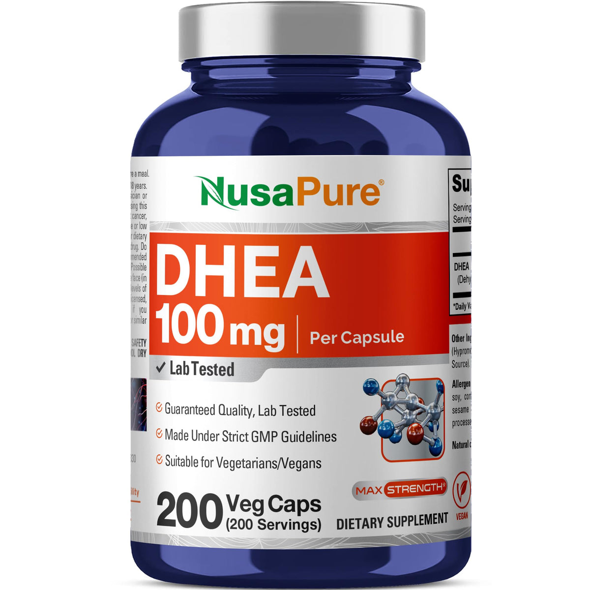 NusaPure DHEA 100mg bottle front, ideal for daily supplement routines.