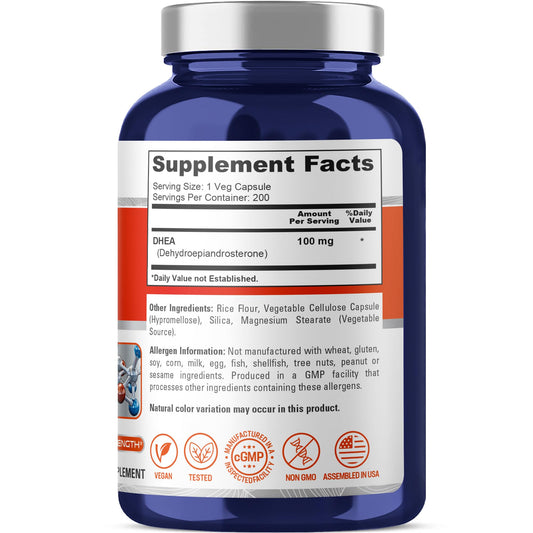 NusaPure DHEA 100mg capsules close-up showing vegetarian capsules for daily use.