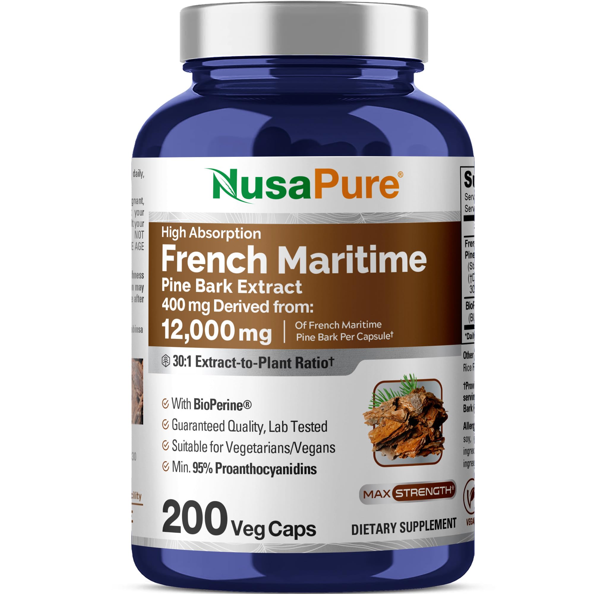 NusaPure Pine Bark bottle showing 30:1 extract potency for daily use