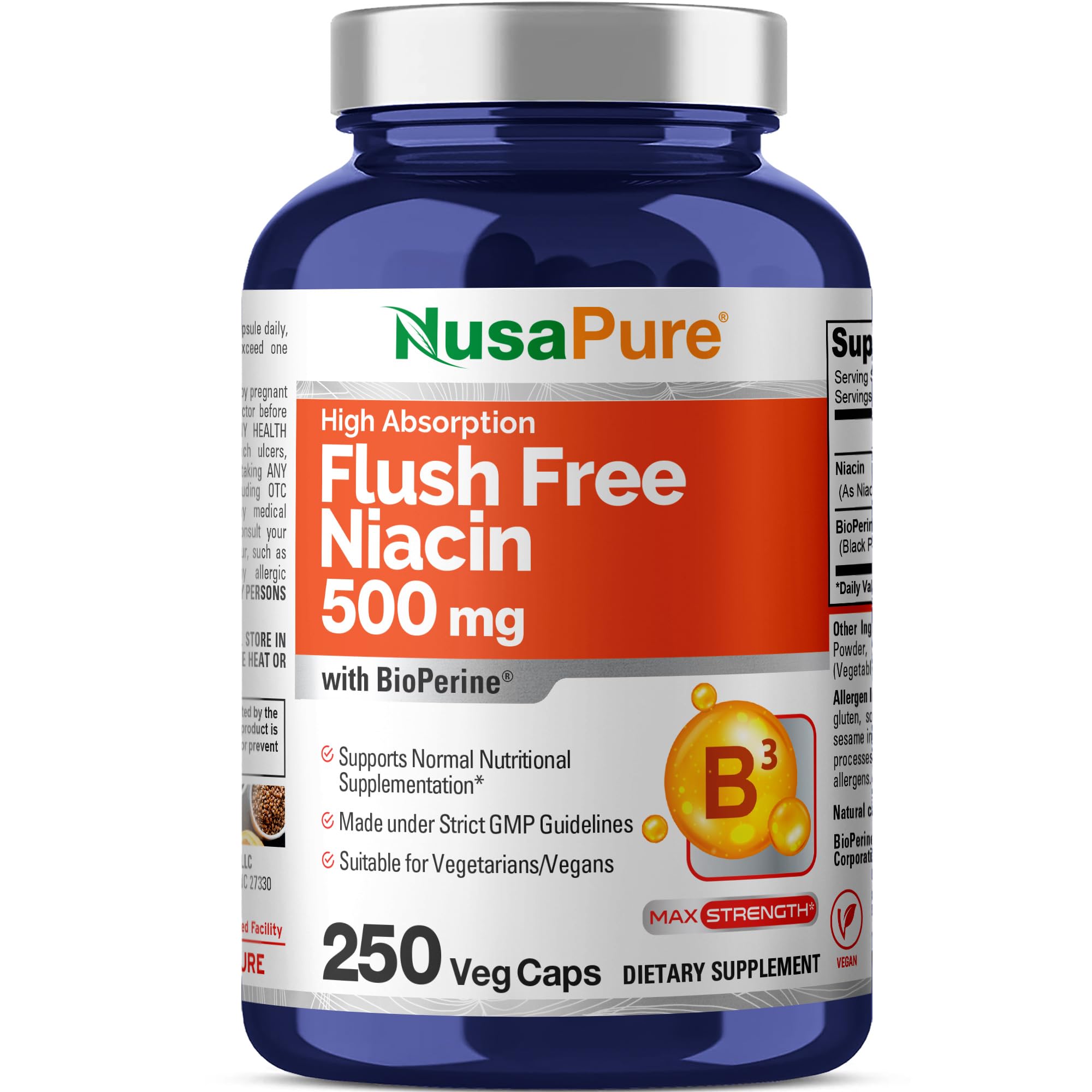 NusaPure FUSH Free Niacin bottle with 500 mg per capsule for daily wellness.