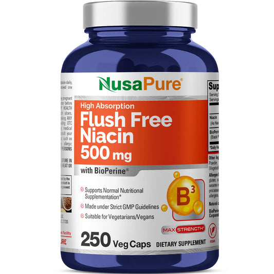 NusaPure FUSH Free Niacin bottle with 500 mg per capsule for daily wellness.