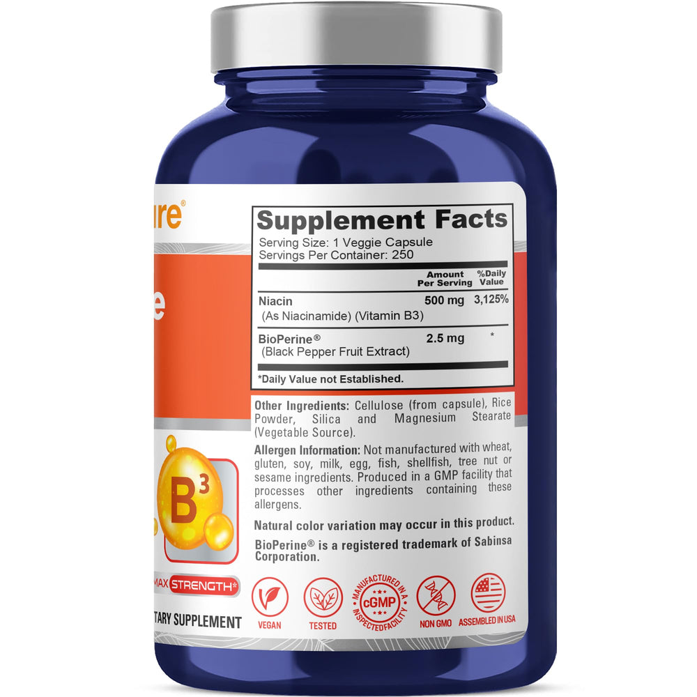 Close-up of NusaPure FUSH Free Niacin capsules showing easy-to-take form.