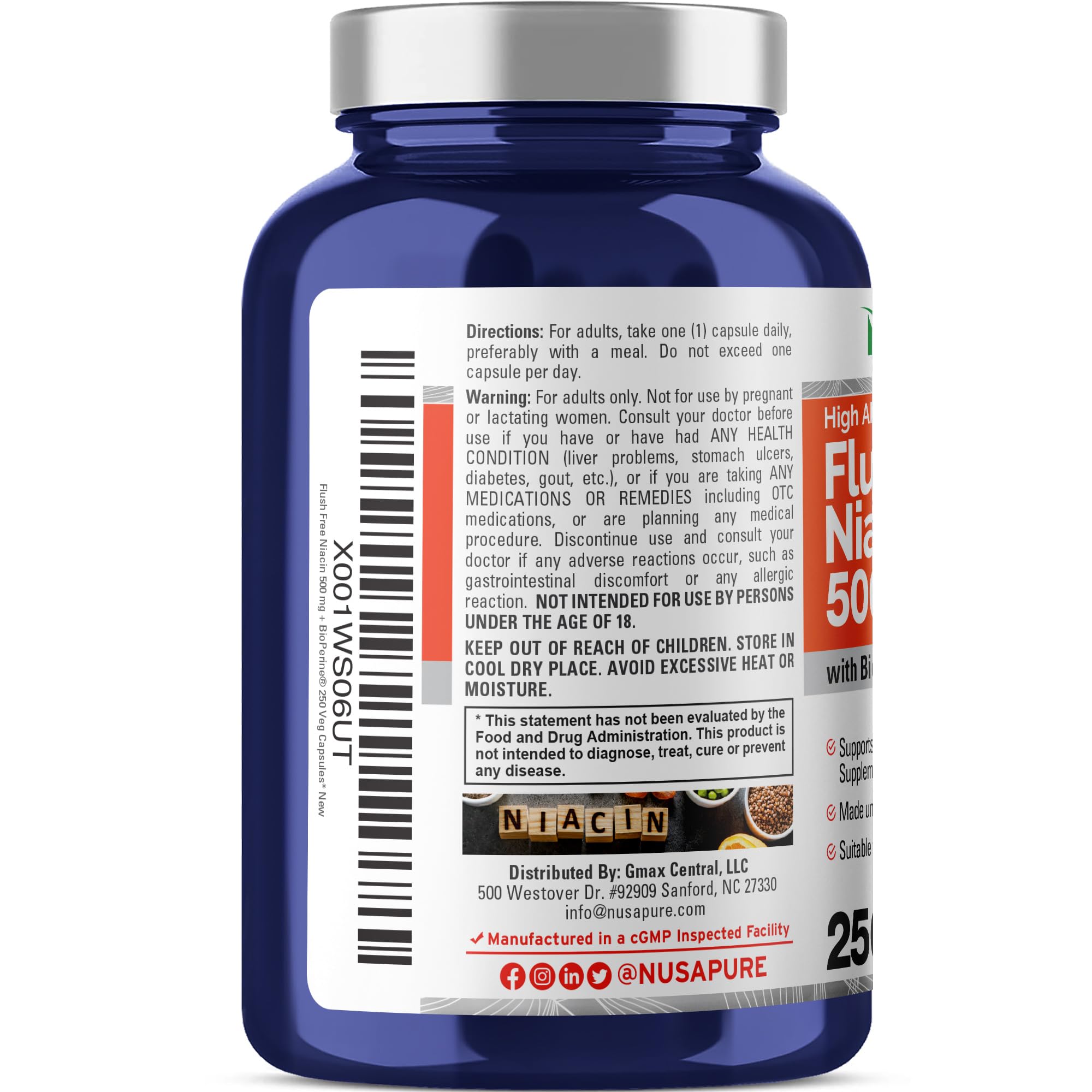 NusaPure FUSH Free Niacin label highlighting vegan, non-GMO formulation.