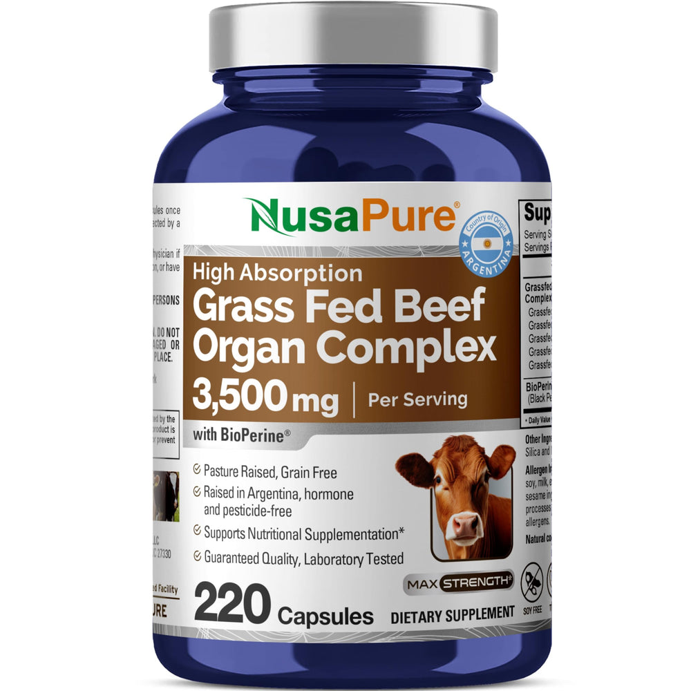 NusaPure Grass Fed Beef Organ Complex bottle on shelf for convenient daily capsules.