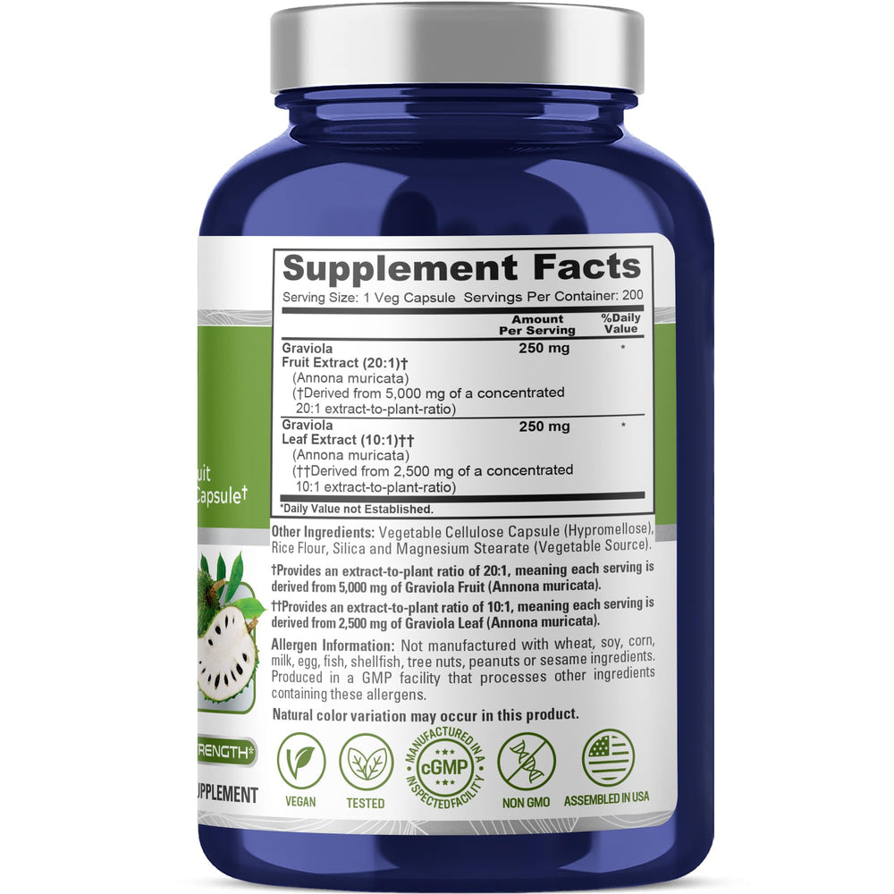 NusaPure Graviola 20:1 & 10:1 label close-up for vegan, non-GMO promise