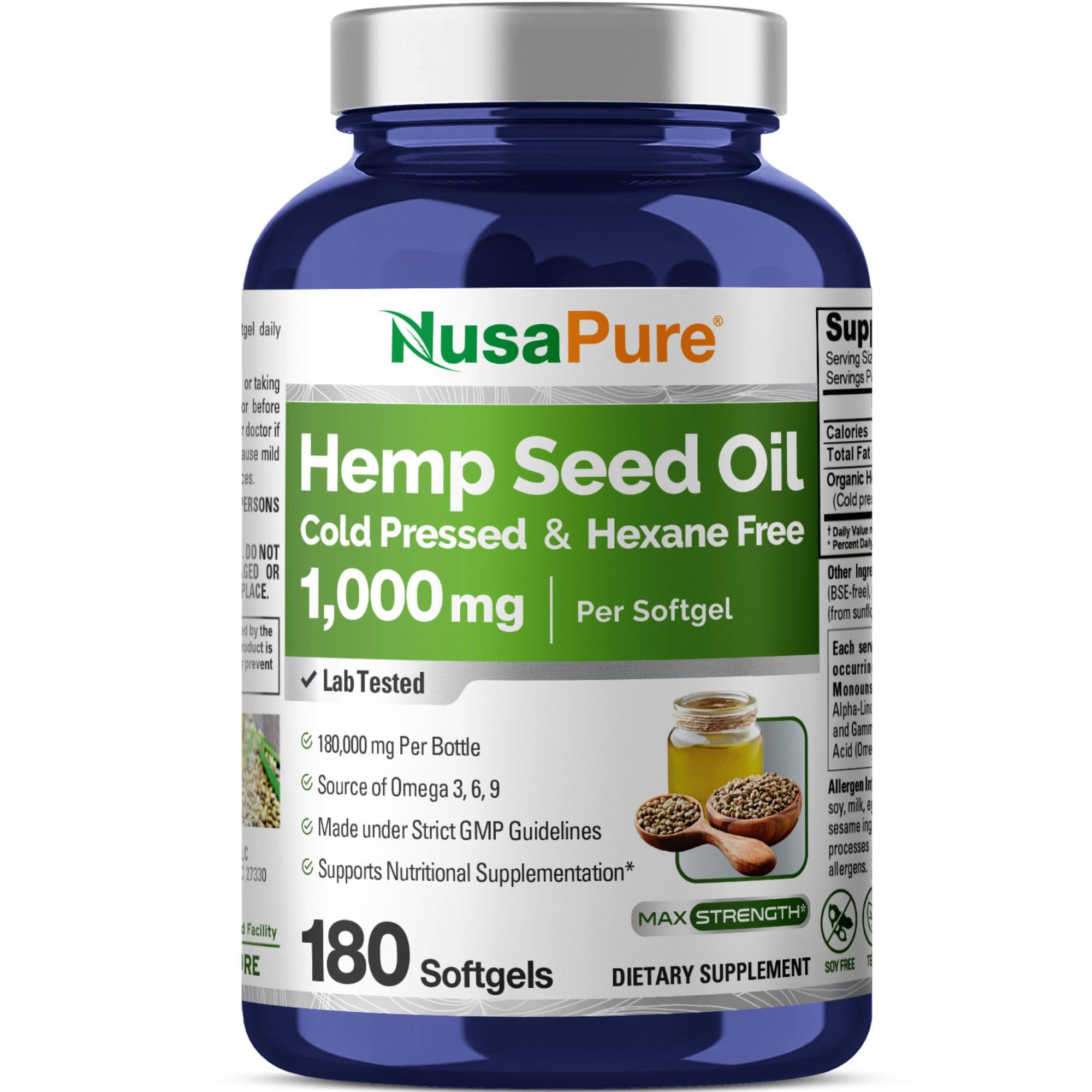 NusaPure Hemp Seed Oil 1000mg bottle highlighting premium softgels for daily wellness