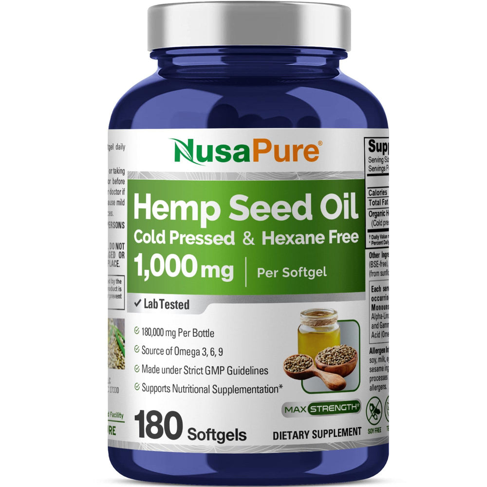 NusaPure Hemp Seed Oil 1000mg bottle highlighting premium softgels for daily wellness