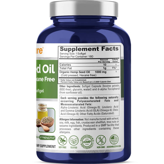NusaPure hemp seed oil softgels spilling from bottle for easy daily intake