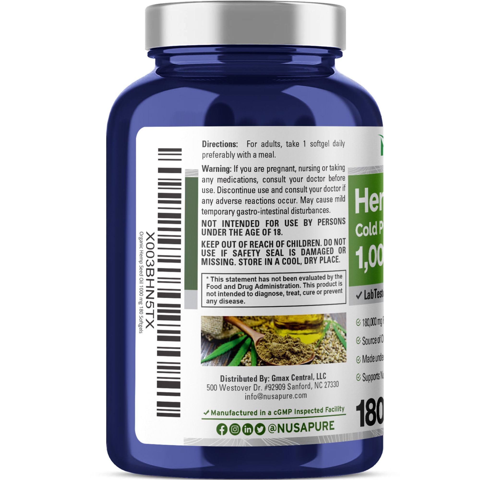 NusaPure hemp seed oil label with ingredients and nutrition facts for informed choices