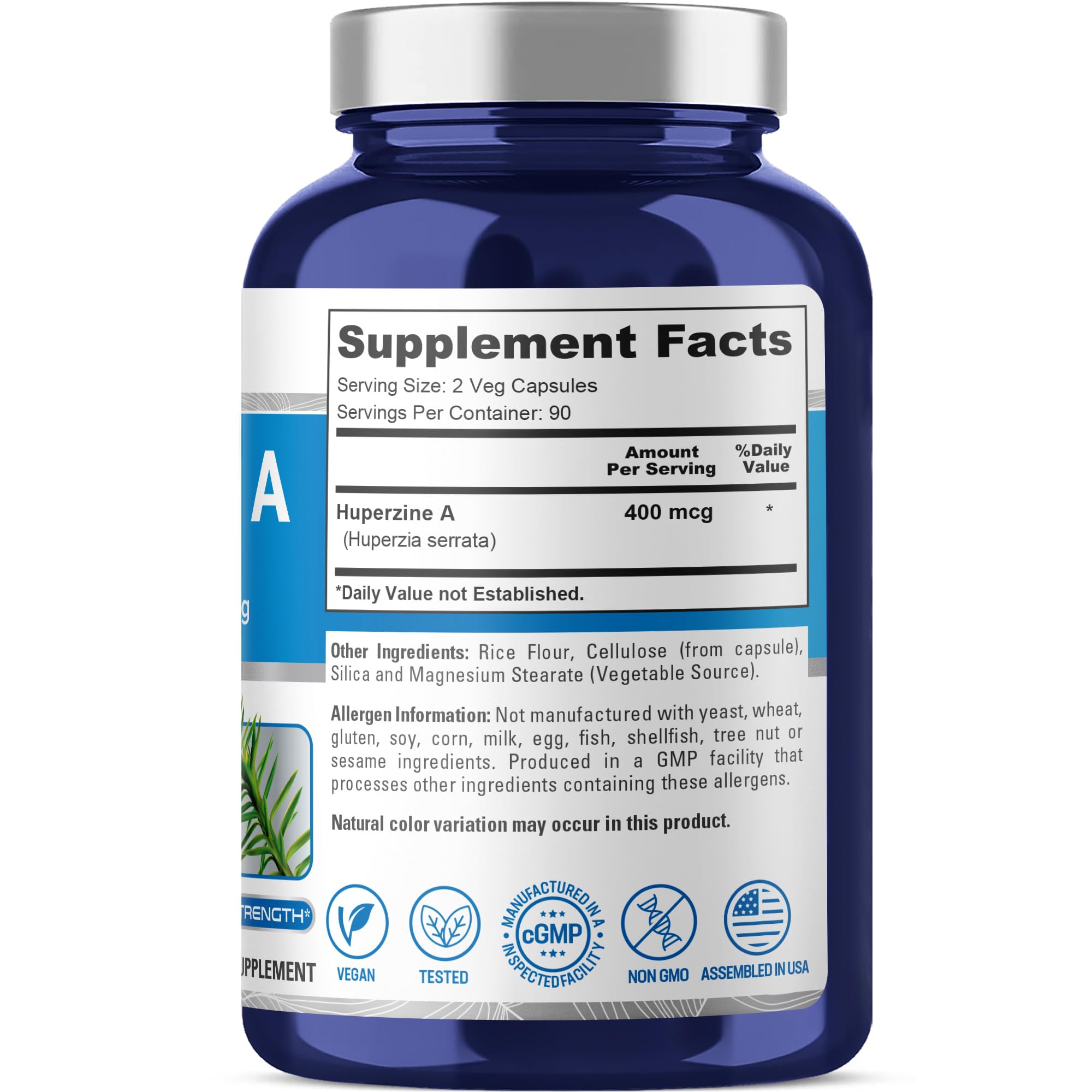 NusaPure Huperzine A 400 mcg capsules showing 180-count packaging for a 90-day routine