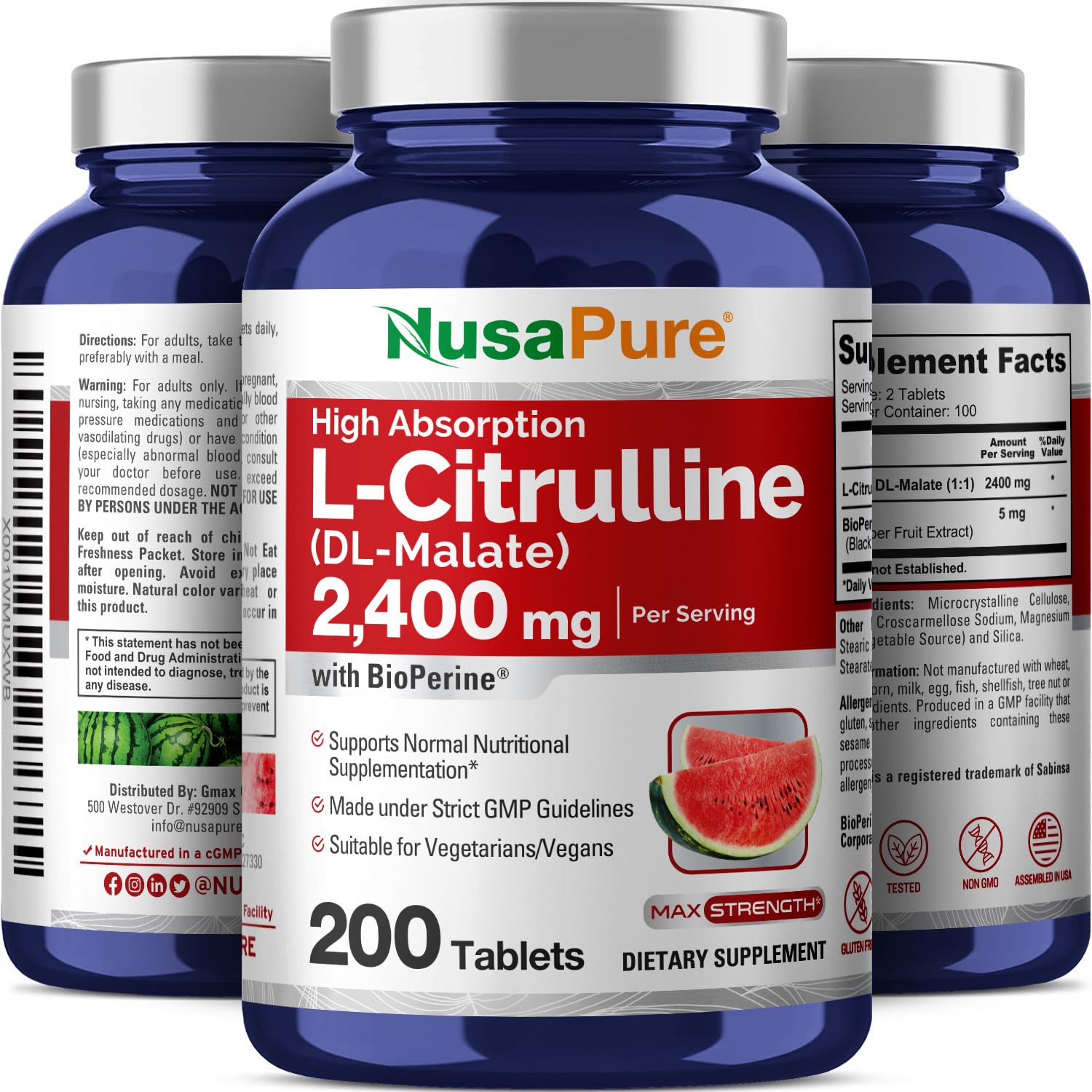 NusaPure L-Citrulline bottle with Bioperine icon for absorption