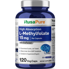NusaPure L-Methylfolate 15mg bottle label high-potency supplement