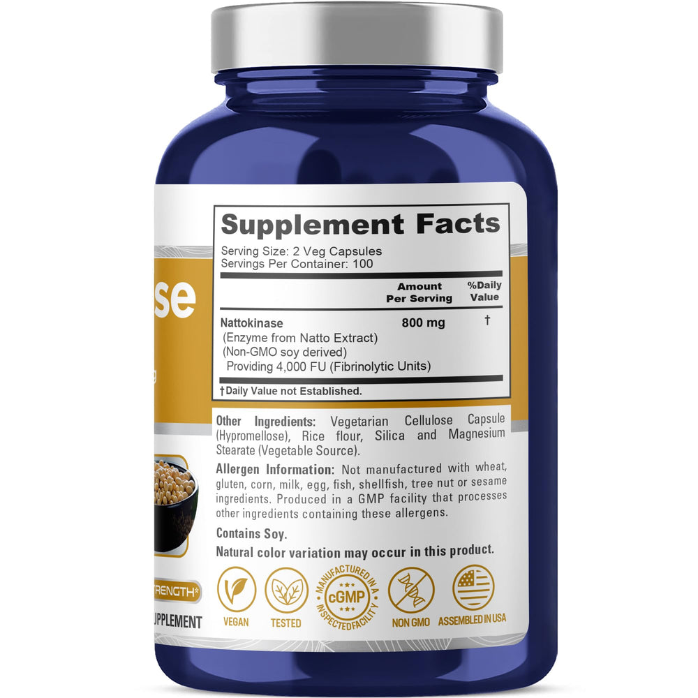 NusaPure nattokinase capsules arranged in bottle for convenient vegan-friendly daily capsules.