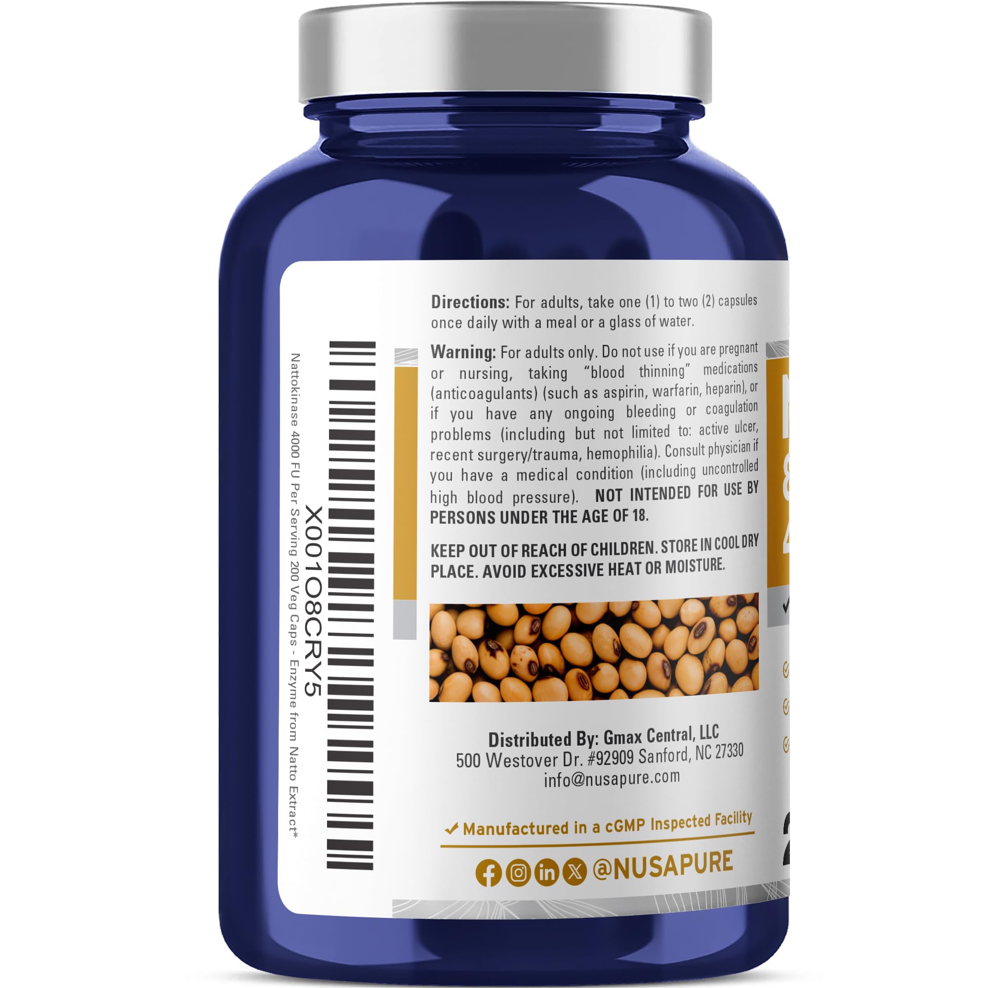 NusaPure nattokinase label highlights 800 mg potency and vegan ingredients.