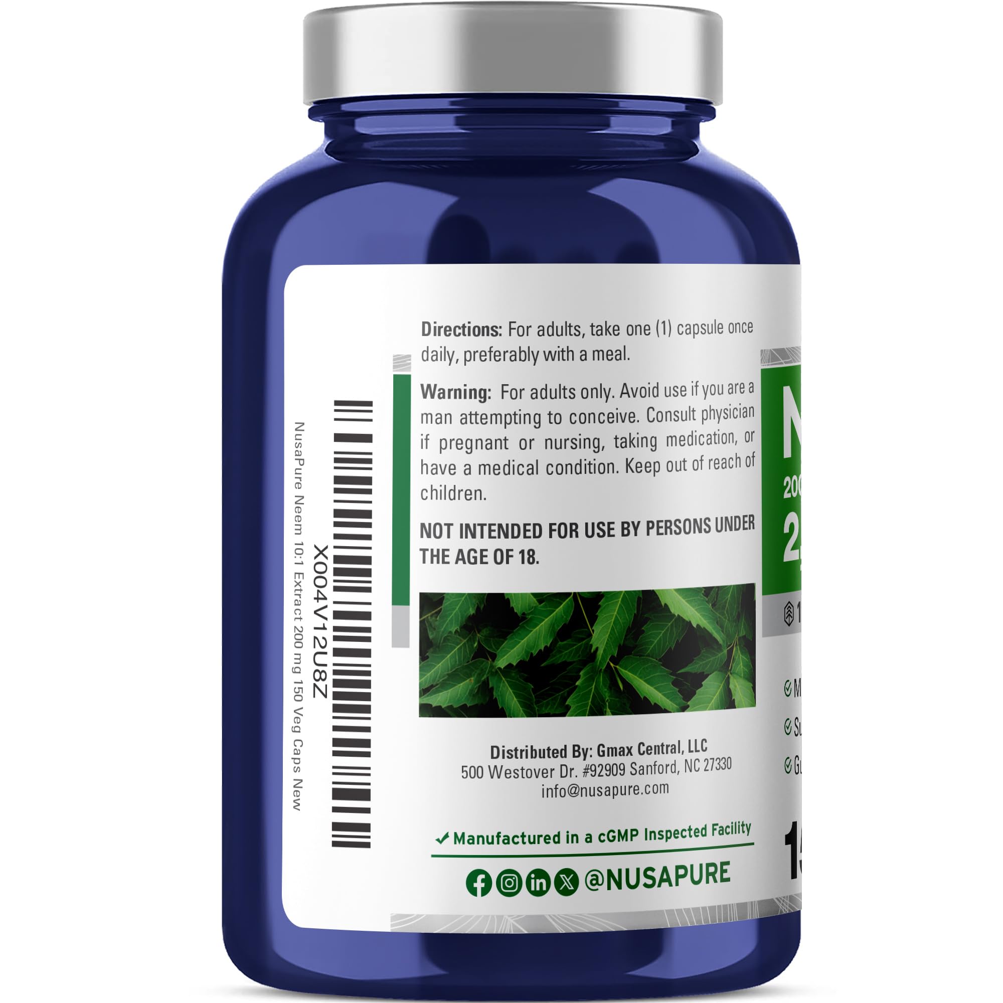 NusaPure Neem bottle label highlights vegan non-GMO formula