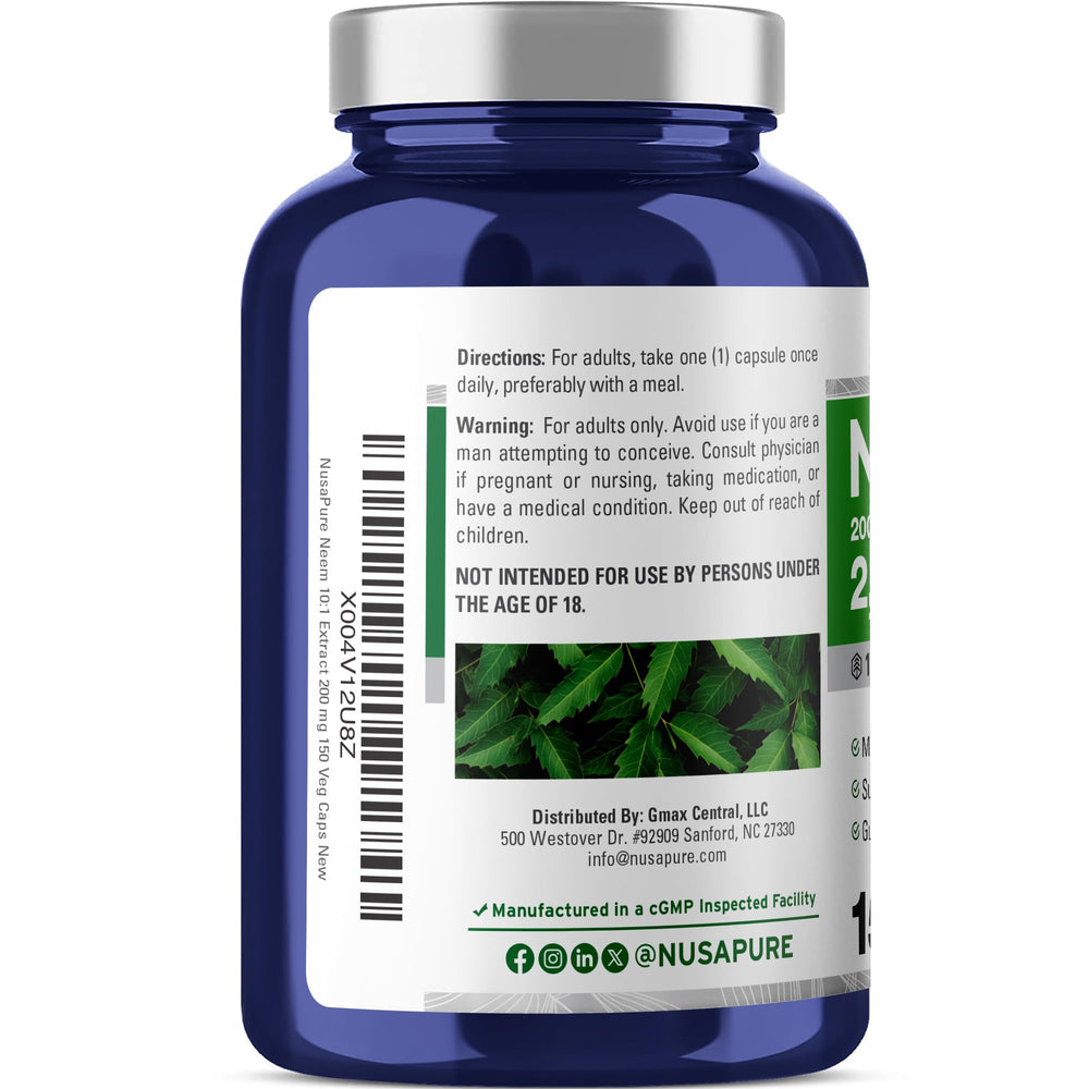NusaPure Neem bottle label highlights vegan non-GMO formula