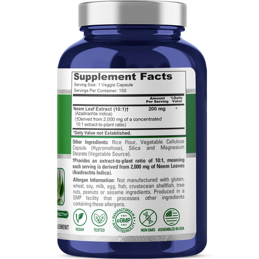 NusaPure Neem capsules close-up showing potent 200 mg dose