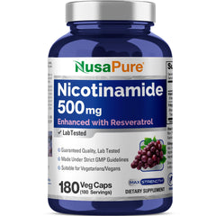 NusaPure Nicotinamide with Resveratrol bottle front—500 mg serving, vegan, convenient daily support.