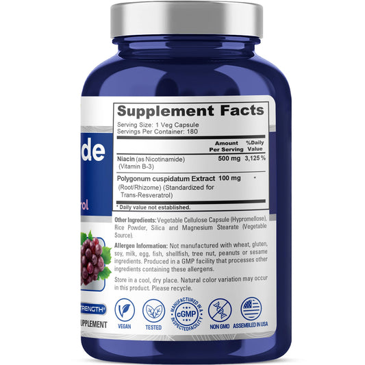 NusaPure Nicotinamide with Resveratrol capsules closeup, 500 mg per serving for daily vitality.