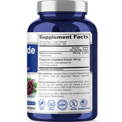 NusaPure Nicotinamide with Resveratrol capsules closeup, 500 mg per serving for daily vitality.