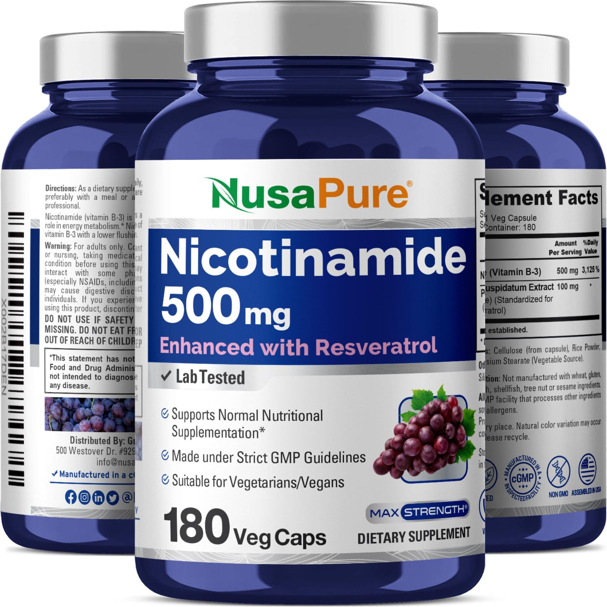 NusaPure Nicotinamide with Resveratrol jar spine view highlighting quality standards.