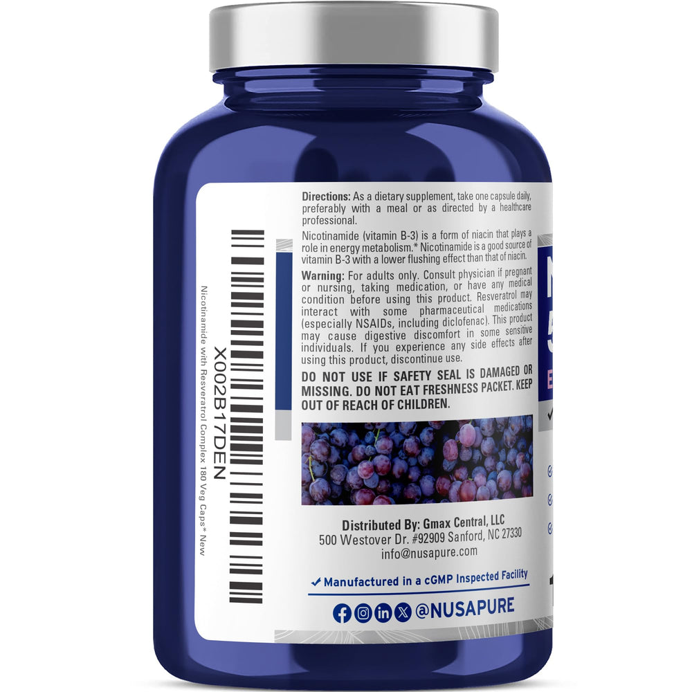 NusaPure Nicotinamide with Resveratrol label view highlighting non-GMO and vegan formulation.