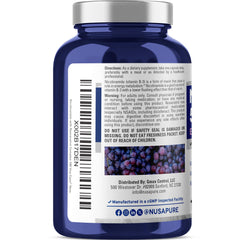 NusaPure Nicotinamide with Resveratrol label view highlighting non-GMO and vegan formulation.