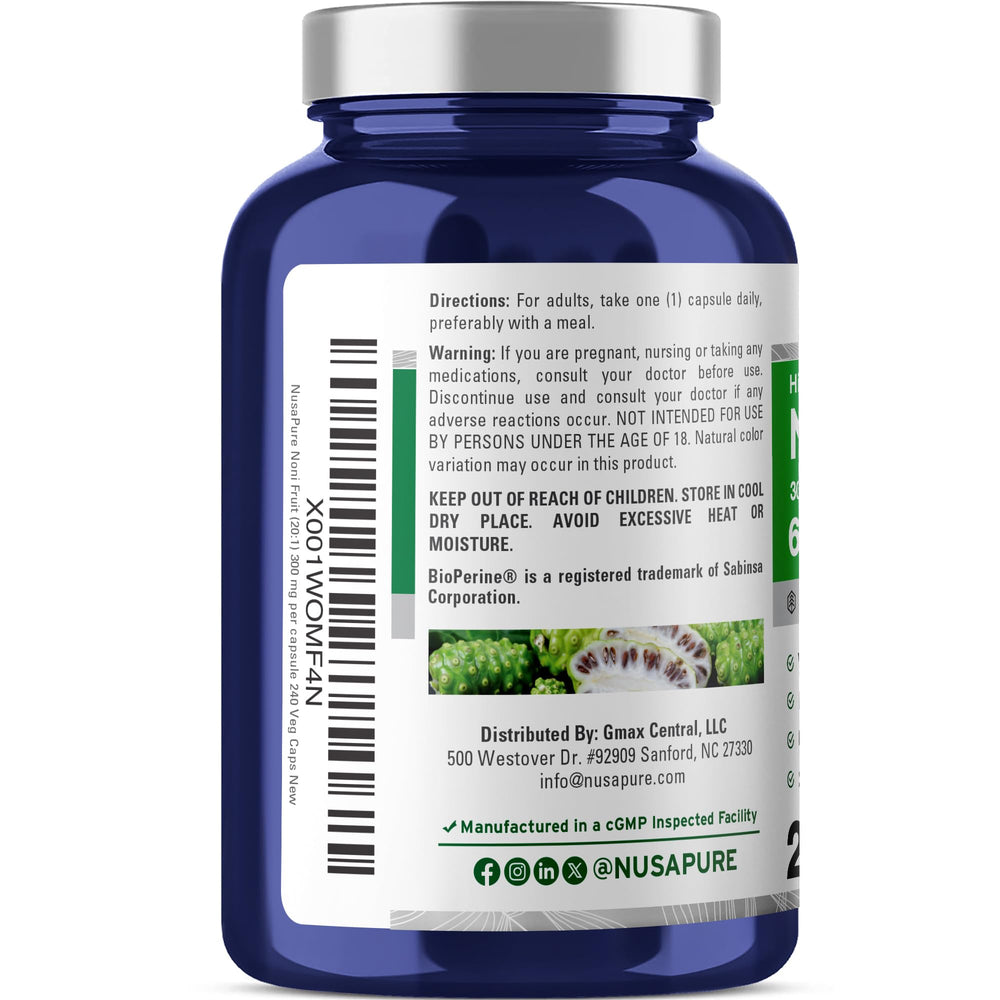 NusaPure Noni extract ingredients label featuring Bioperine for absorption