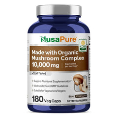 NusaPure Organic Mushroom Complex bottle on display for daily vegan use