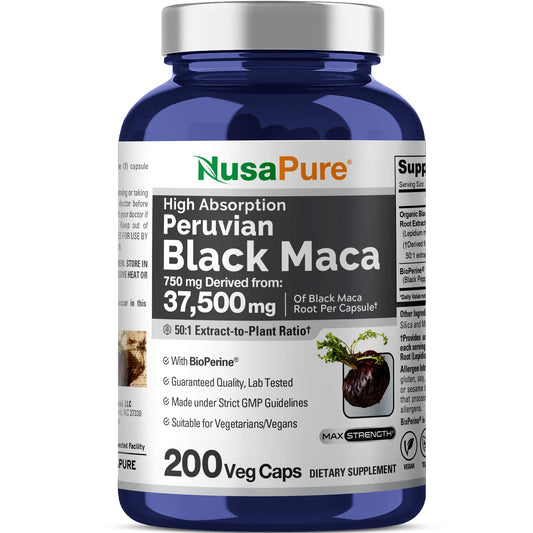 NusaPure Peruvian Black Maca 50:1 bottle highlighting high potency extract for daily vitality