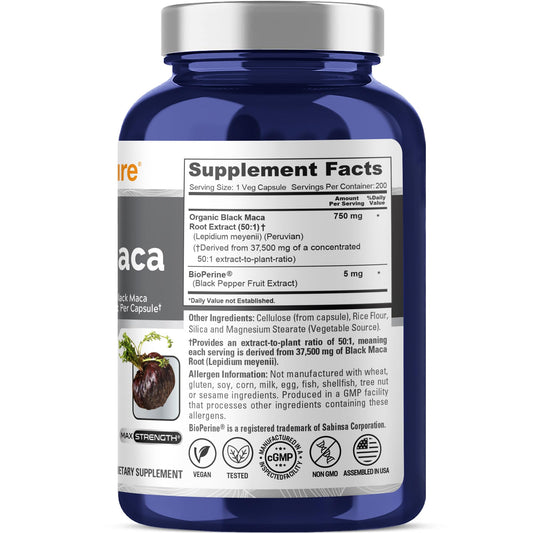 NusaPure Peruvian Black Maca 50:1 capsules—200 veggie capsules for vegan health support