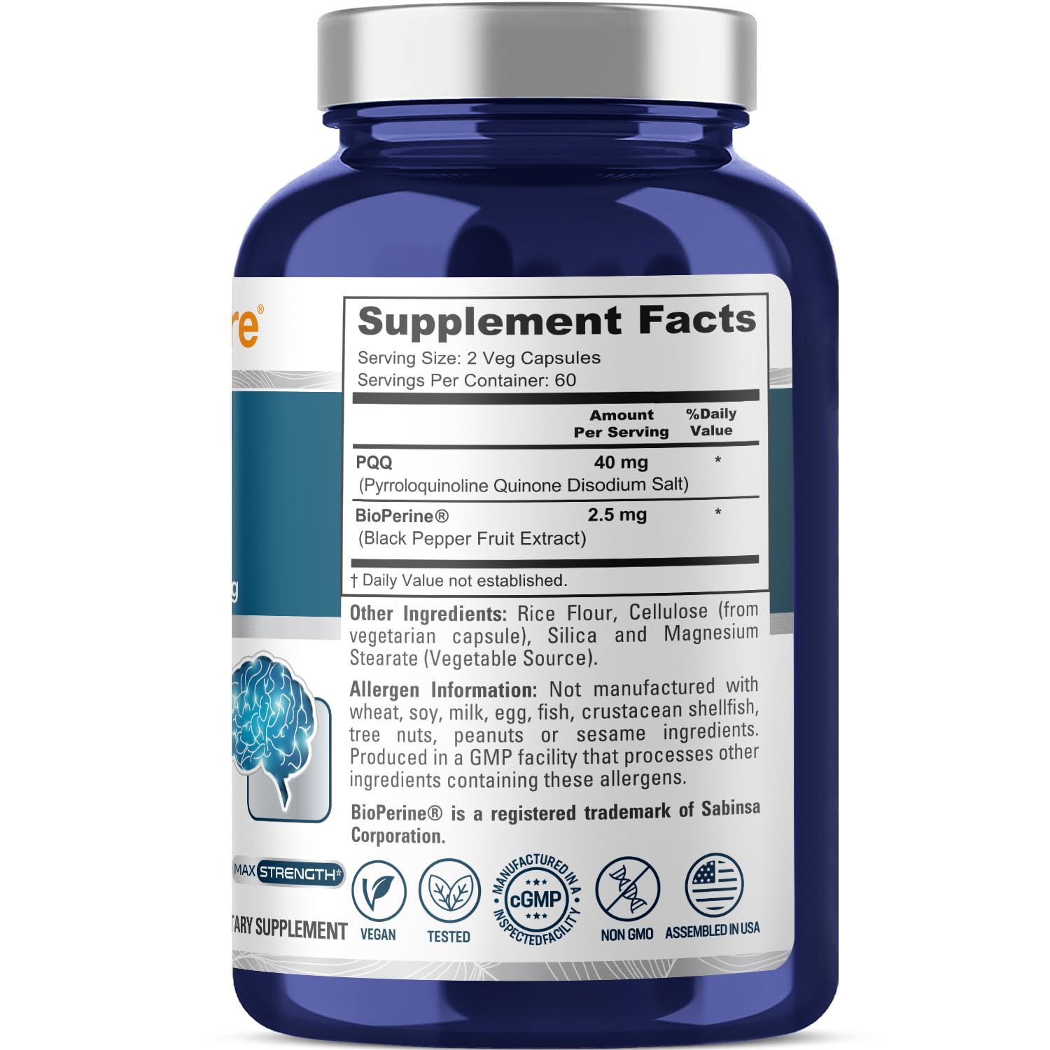 Close up of NusaPure PQQ bottle label with ingredients and non GMO note