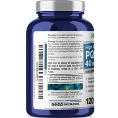 NusaPure PQQ serving size panel showing 2 capsules per serving