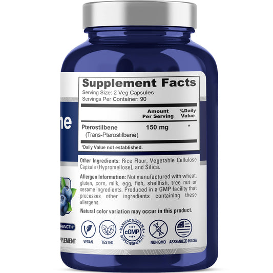 NusaPure Pterostilbene bottle label shows vegan and non-GMO credentials.