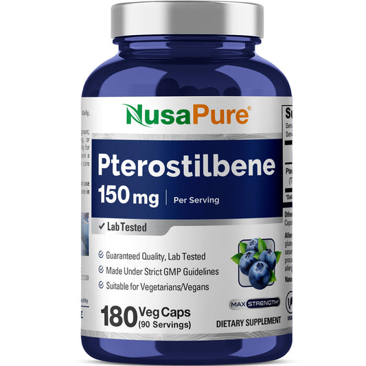 NusaPure Pterostilbene bottle on table for daily wellness routine.