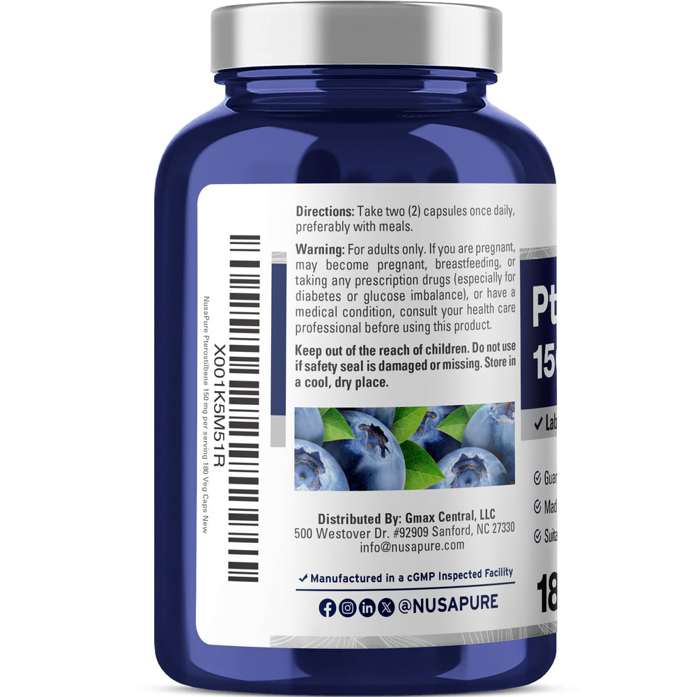 NusaPure Pterostilbene capsules close-up for easy daily use.
