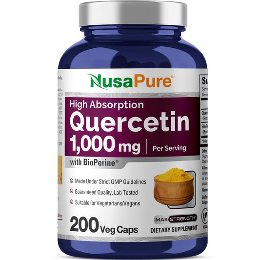 NusaPure Quercetin 1000mg bottle featuring vegan capsules for daily wellness.