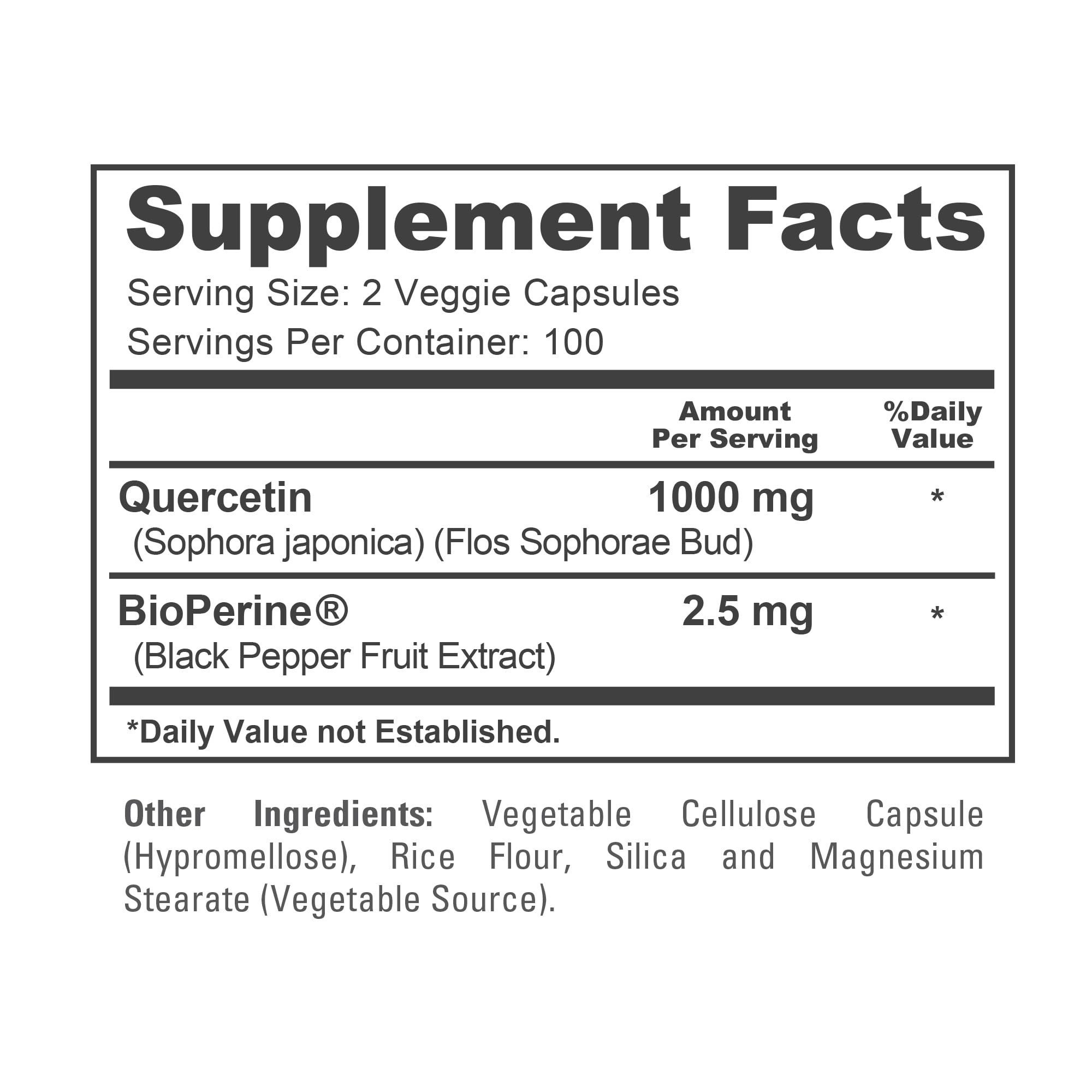 NusaPure Quercetin bottle label emphasizes vegan and non GMO ingredients.