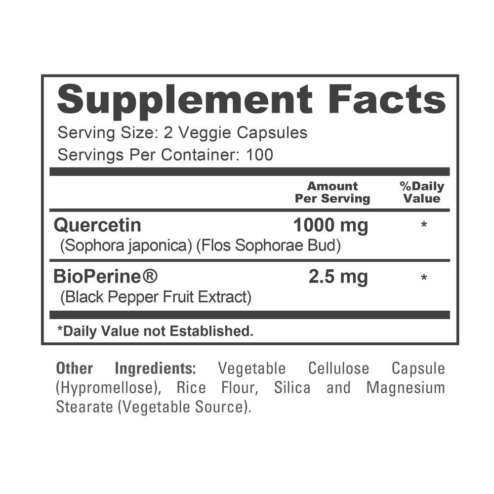 NusaPure Quercetin bottle label emphasizes vegan and non GMO ingredients.