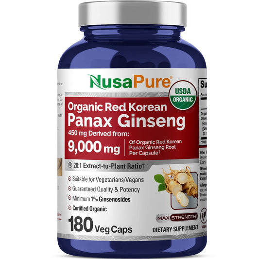 NusaPure Red Korean Panax Ginseng bottle with vegan capsules for daily vitality