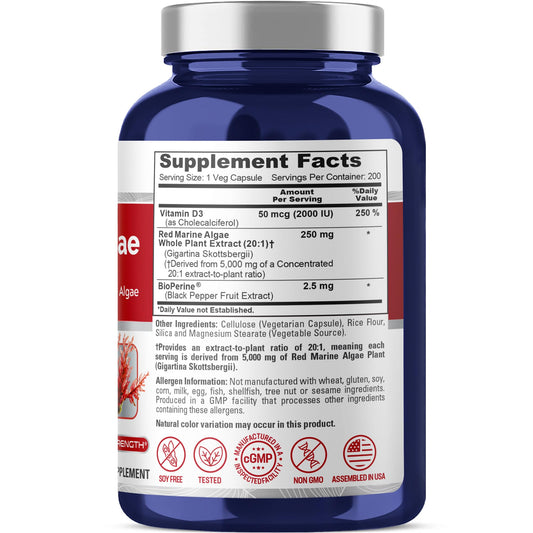 NusaPure Red Marine Algae capsules closeup highlighting potency.