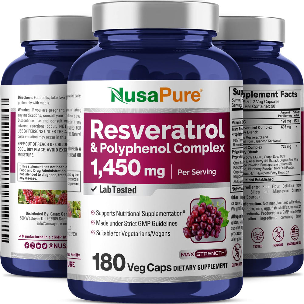 NusaPure Resveratrol & Polyphenol Complex box shows 90-day supply information
