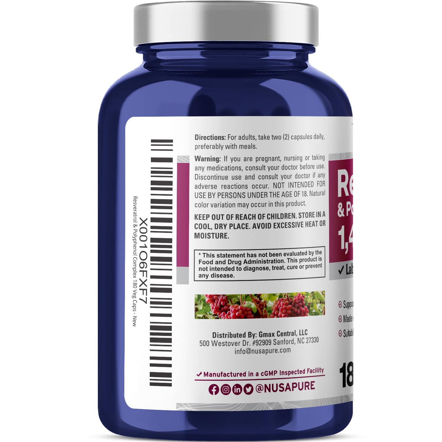 NusaPure Resveratrol & Polyphenol Complex packaging label highlights vegan formula